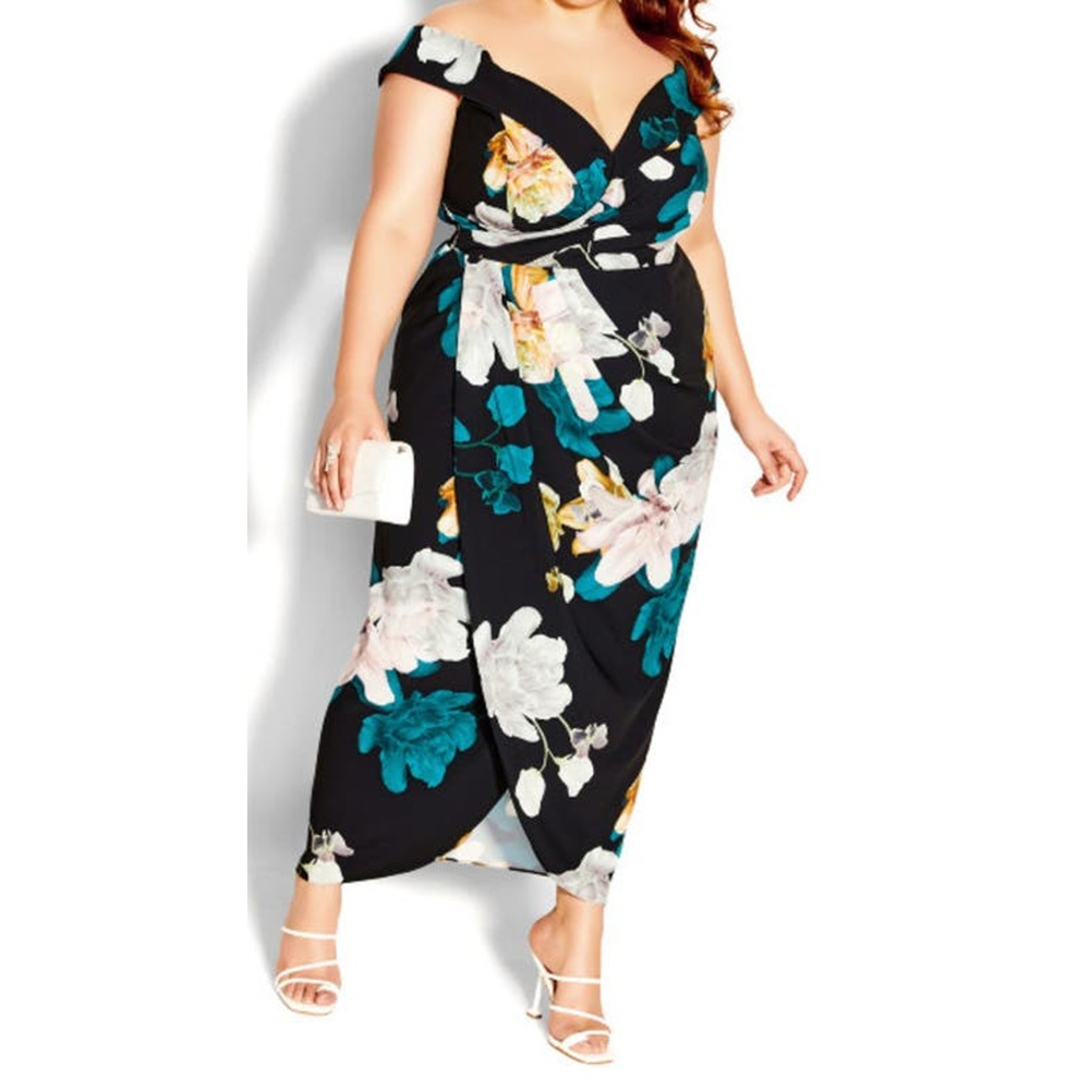 City Chic Floral Glow Maxi Off the Shoulder Faux Wrap dress size S 16